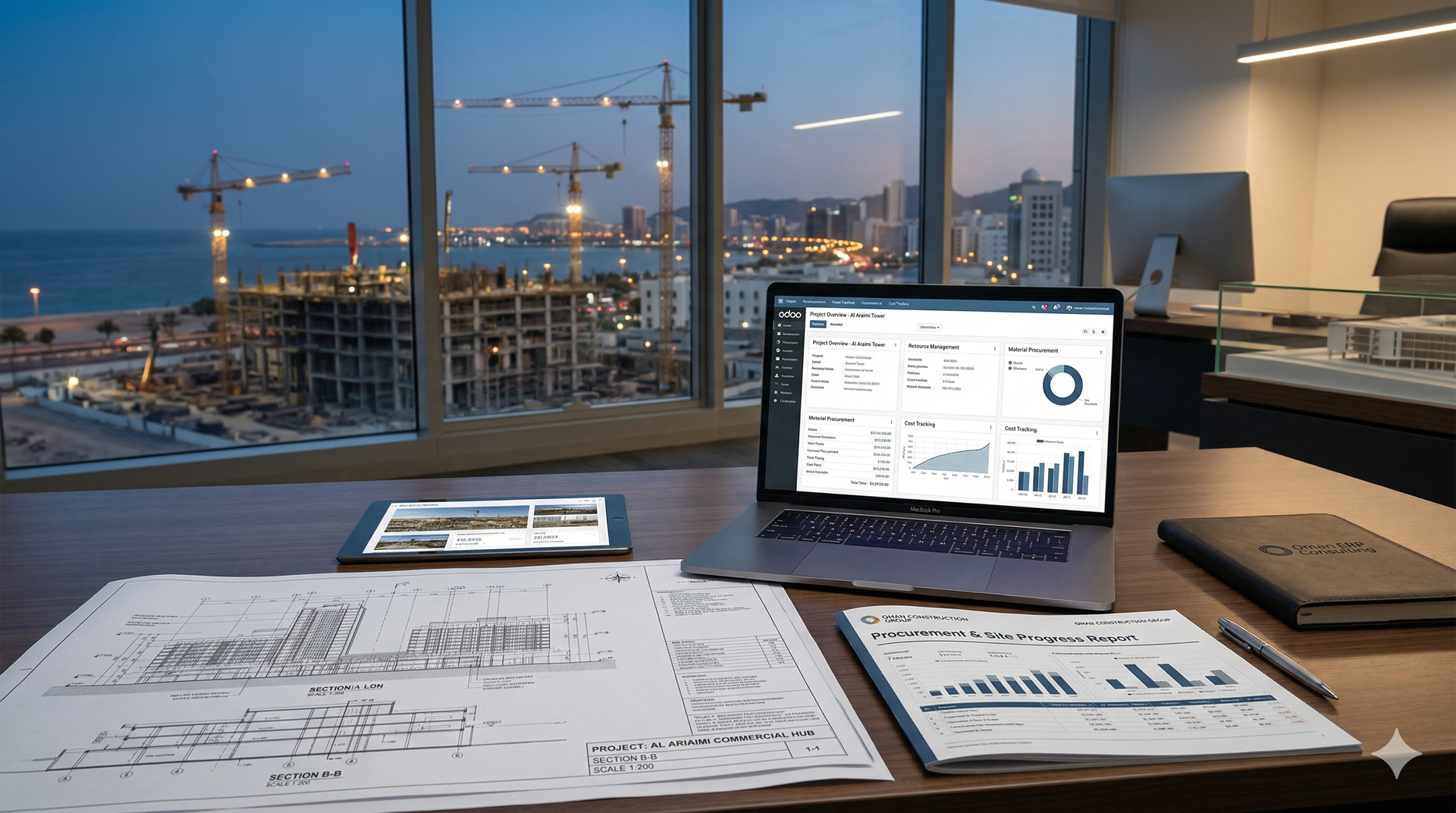 Modern construction planning workspace in Oman with ERP dashboard, project drawings, and cranes overlooking the city skyline
